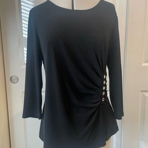 Calvin Klein rouched gold button detail asymmetrical 3 quarter sleeve top